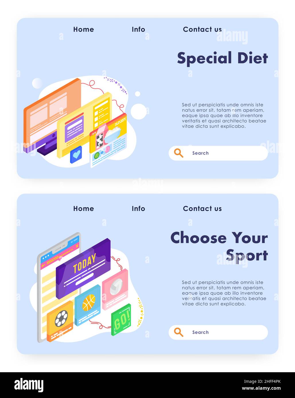 Healthy diet program. Dairy food products. Choose your sport today. Vector web site design template. Landing page website concept illustration. Stock Vector
