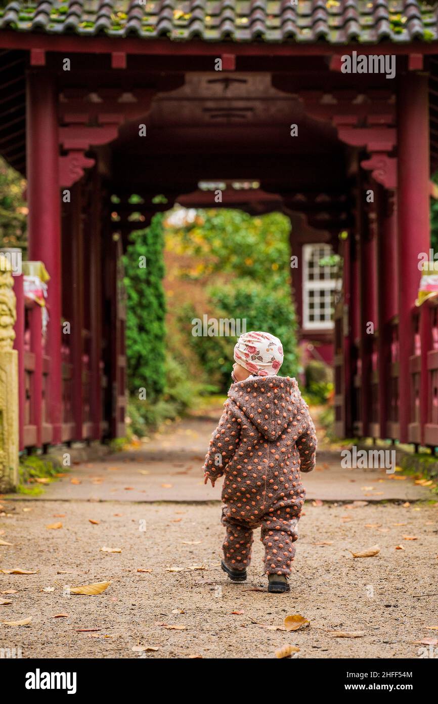 A small child is walking in the park Stock Photo