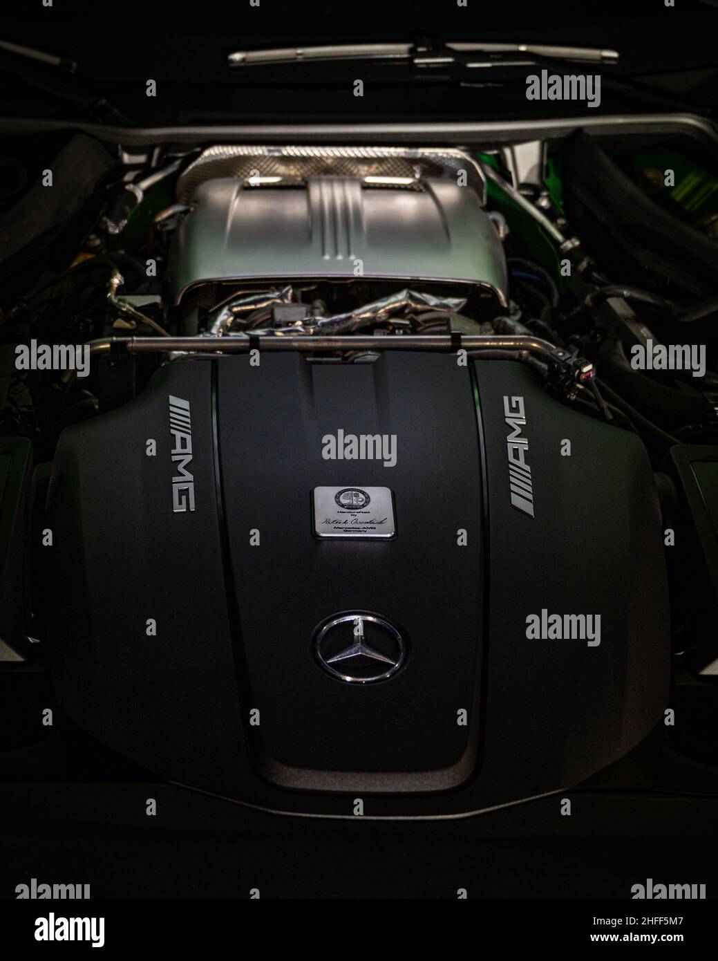 green Mercedes AMG GTR Engine, top shot, AMG engine, motor Stock Photo