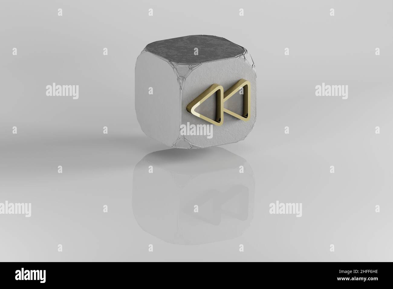 Step Backward icon. Yellow Golden Step Backward symbol on stone cube ...
