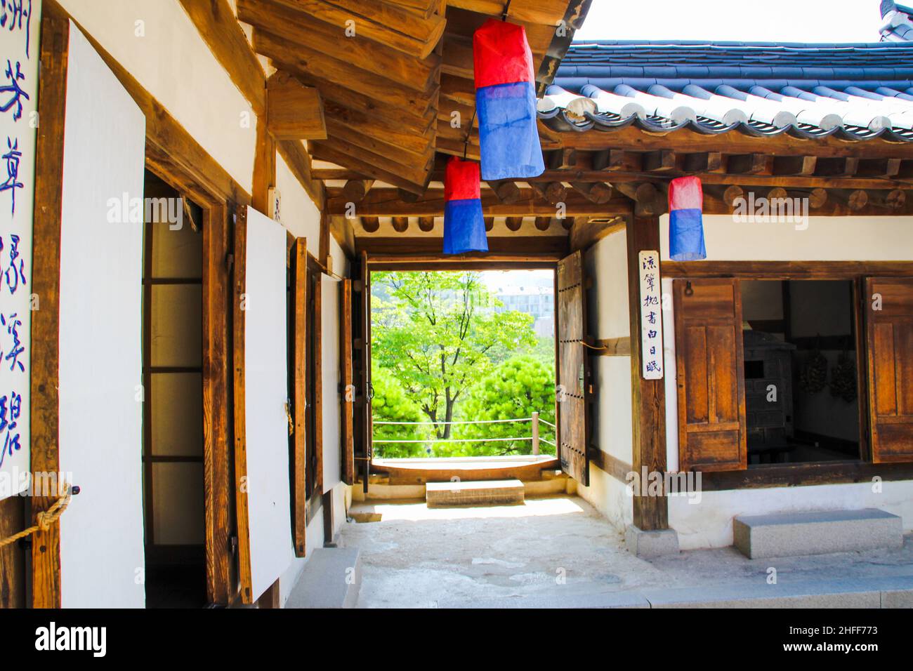 Korean Hanok traditional building with lanterns in summer Stock Photo