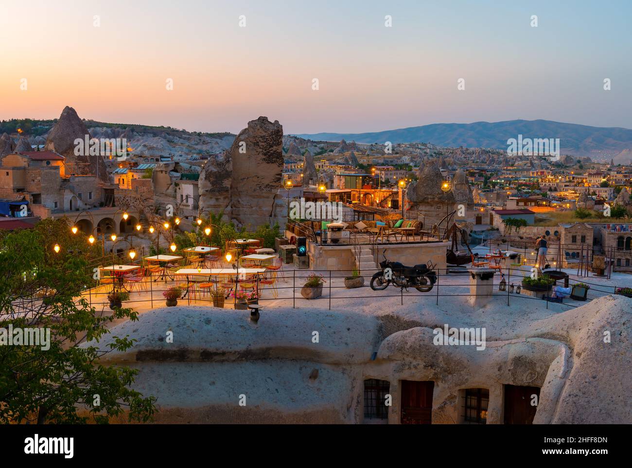Goreme town on sunset in Cappadocia, Central Anatolia,Turkey Stock Photo