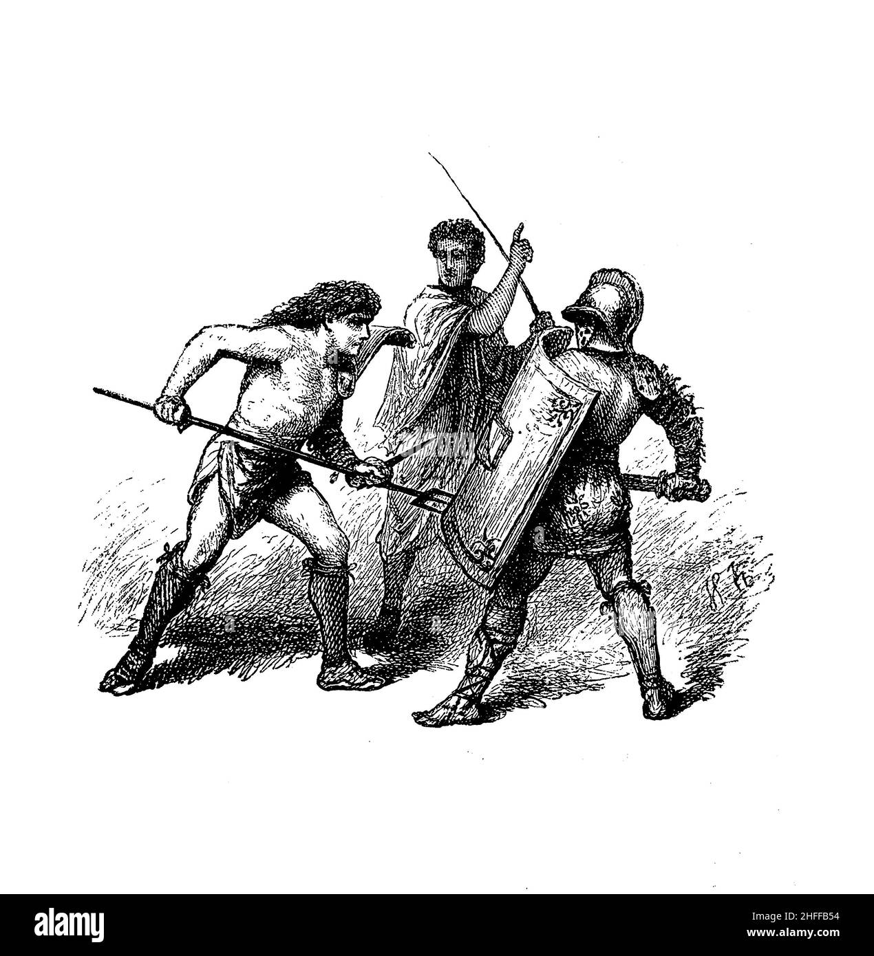 Gladiator fight, reconstruction from an ancien Roman mosaic Stock Photo