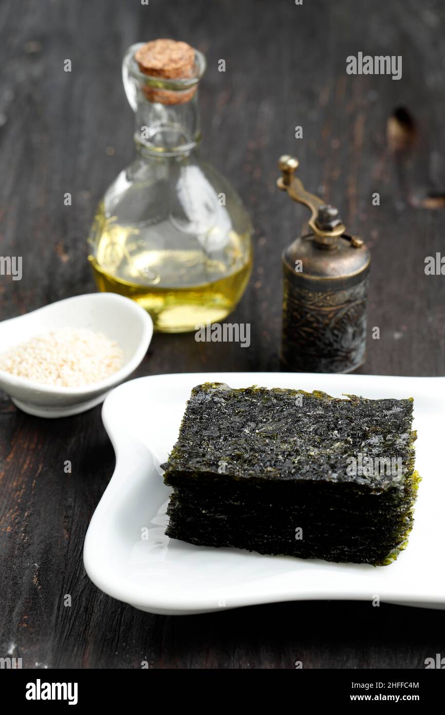Stacked Dried Roasted Laver, Popular Seaweed in Korea, Japan, Asia for ...