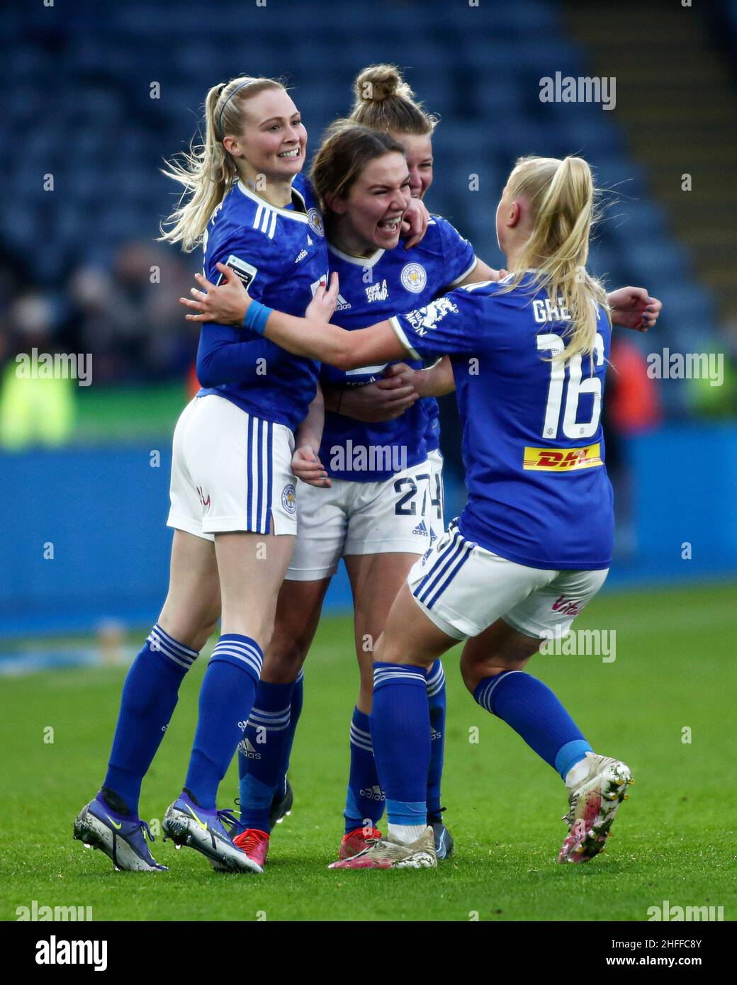 LEICESTER, UK. JAN 16TH Shannon O'Brien of Leicester City celebrates with teammates after opening the scoring during the Barclays FA Women's Super League match between Leicester City and Brighton and Hove Albion at the King Power Stadium, Leicester on Sunday 16th January 2022. (Credit: Kieran Riley | MI News) Credit: MI News & Sport /Alamy Live News Stock Photo