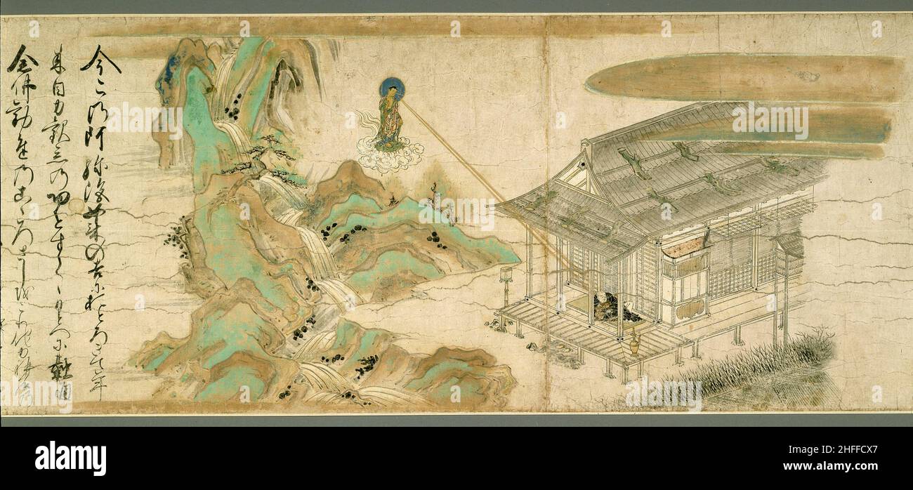 Legends of the Yuzu Nembutsu Sect, 14th century. Long painted scroll, green, brown mountains, wooden house, Amida Buddha on cloud. Stock Photo