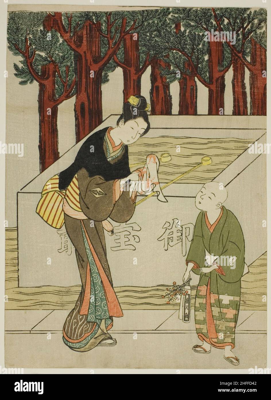 Woman Washing Her Hands before Entering a Shrine, c. 1767. Attributed to Suzuki Harunobu. Stock Photo