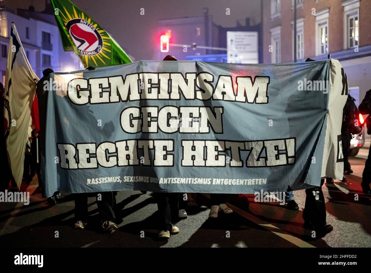 On January 15, 2022 a few hundreds antifascists gathered in Rosenheim, southern Germany to protest against the AfD bureau of Andreas Winhart and Franz-Xaver Bergmueller. The protestors lit pyrotechnics. (Photo by Alexander Pohl/Sipa USA) Stock Photo