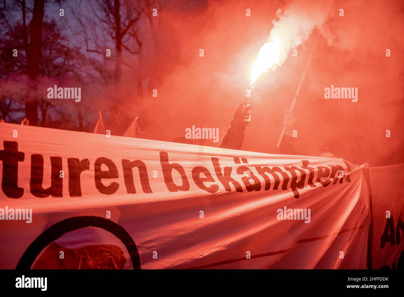 On January 15, 2022 a few hundreds antifascists gathered in Rosenheim, southern Germany to protest against the AfD bureau of Andreas Winhart and Franz-Xaver Bergmueller. The protestors lit pyrotechnics. (Photo by Alexander Pohl/Sipa USA) Stock Photo