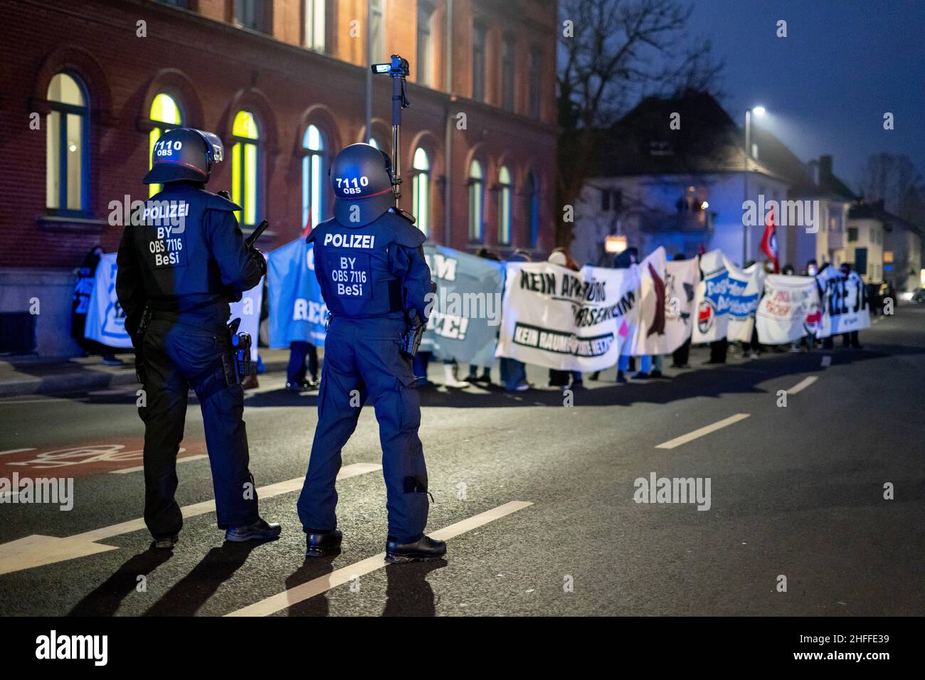 On January 15, 2022 a few hundreds antifascists gathered in Rosenheim, southern Germany to protest against the AfD bureau of Andreas Winhart and Franz-Xaver Bergmueller. The protestors lit pyrotechnics. (Photo by Alexander Pohl/Sipa USA) Stock Photo