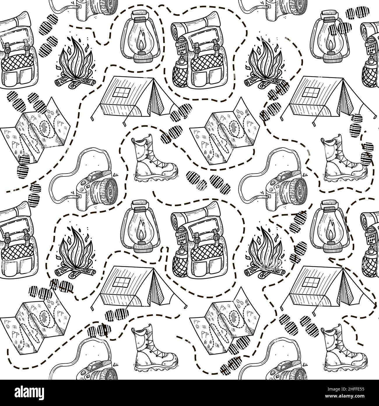Hand drawn seamless pattern with summer camping equipment. Trailers ...