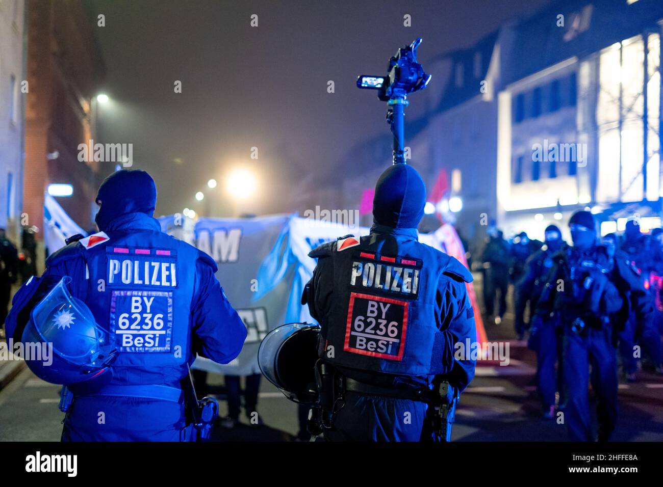 On January 15, 2022 a few hundreds antifascists gathered in Rosenheim, southern Germany to protest against the AfD bureau of Andreas Winhart and Franz-Xaver Bergmueller. The protestors lit pyrotechnics. (Photo by Alexander Pohl/Sipa USA) Stock Photo