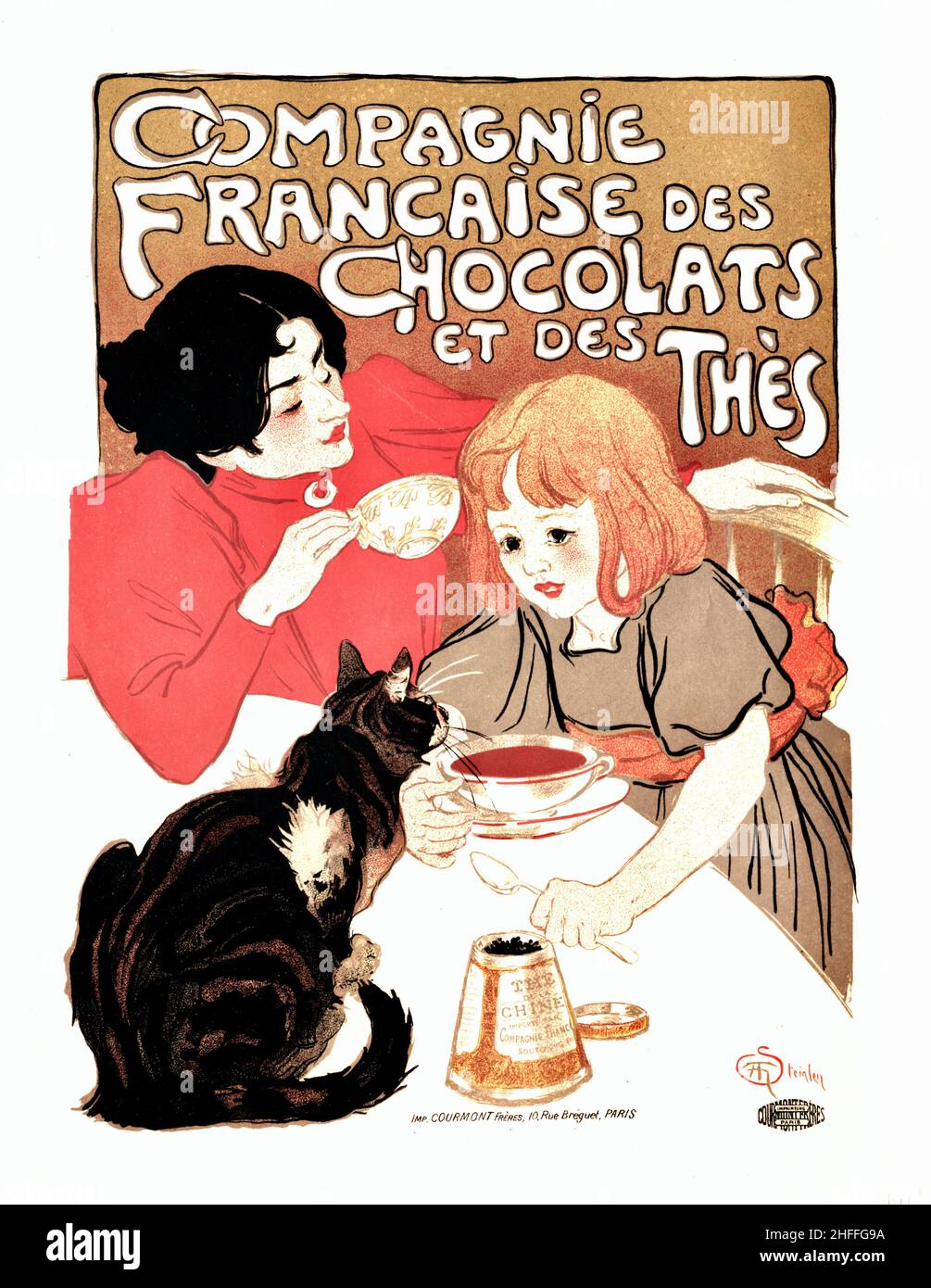 Théophile Steinlen poster design for Compagnie Française des Chocolats et des Thès. The poster features the artists wife and daughter. Stock Photo