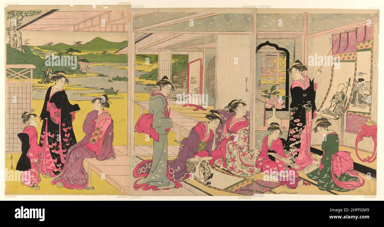 Women Viewing Scroll Paintings of the Gods of Good Fortune, late 18th-early 19th century. Stock Photo