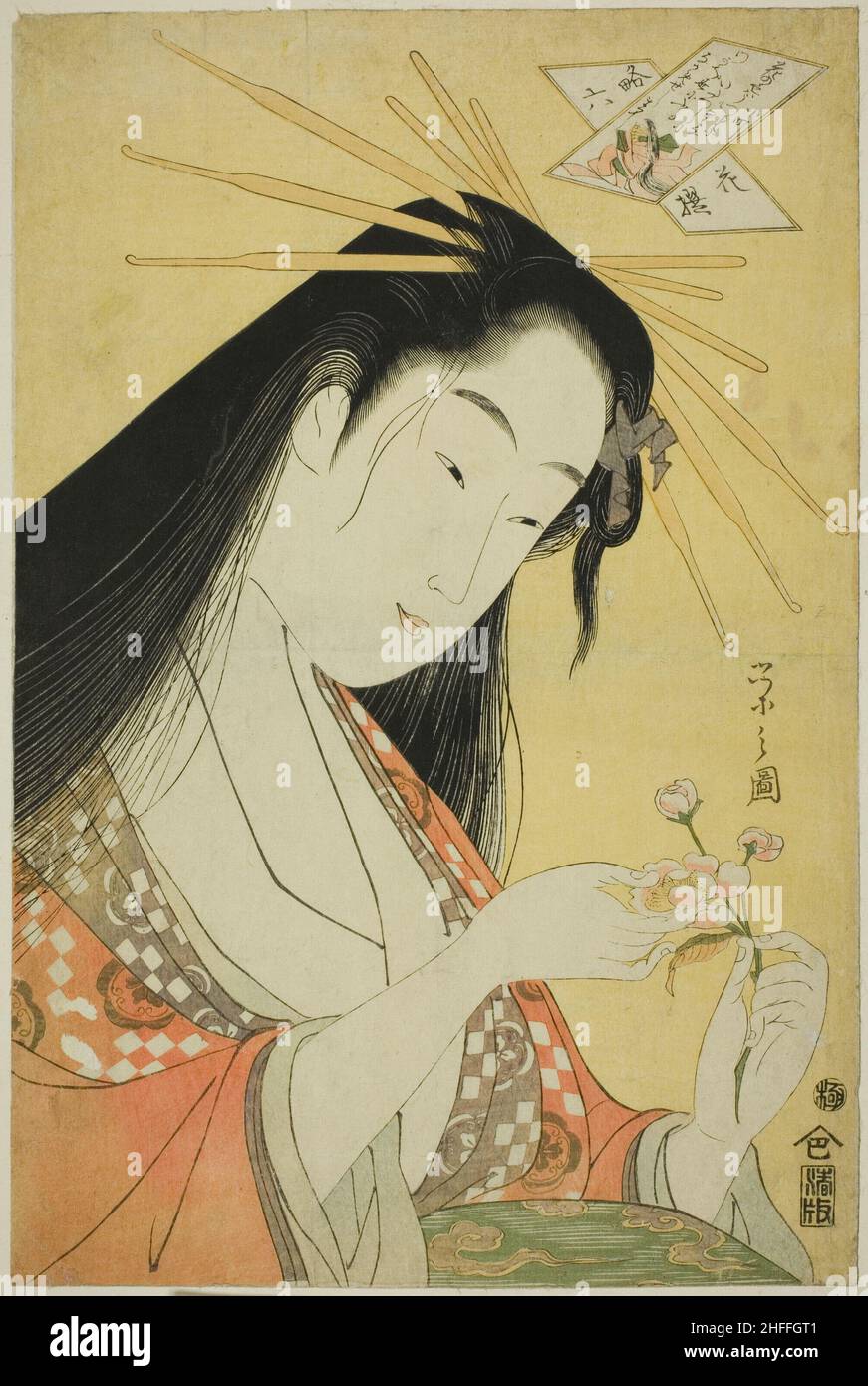 A Selection of Six Flowers - A Parody Rokkasen (Yatsushi Rokkasen): Ono no Komachi, c. 1798. Stock Photo