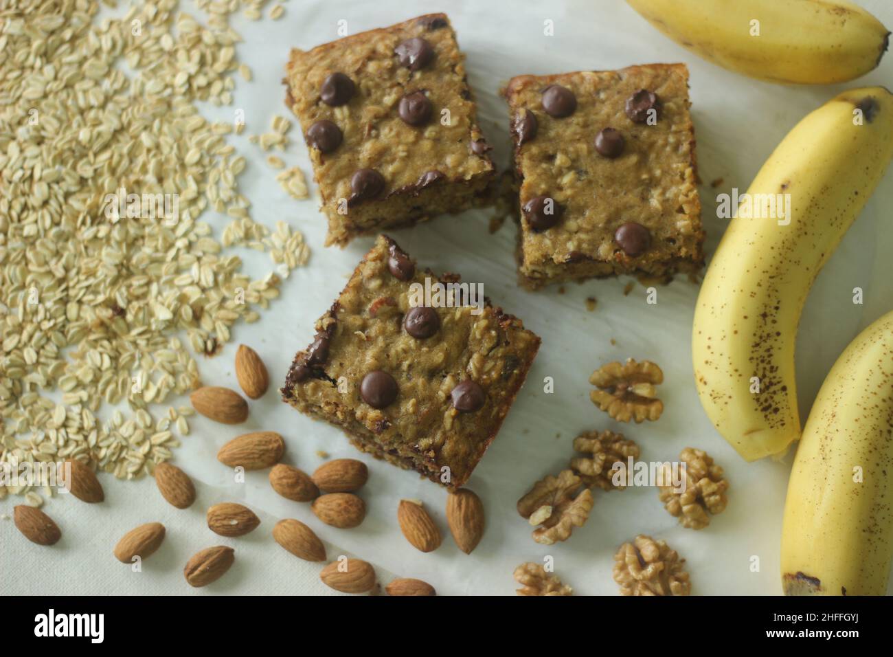 Oats banana breakfast bar sliced to square shape. A quick and healthy