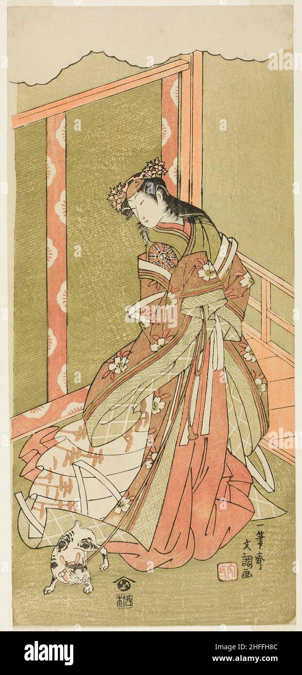 The Actor Nakamura Noshio I as the Third Princess (Nyosan no Miya) in the Play Fuki Kaete Tsuki mo Yoshiwara (Rethatched Roof: The Moon also Shines Over the Yoshiwara Pleasure District), Performed at the Morita Theater from the First Day of the Eleventh Month, 1771, c. 1771. Stock Photo