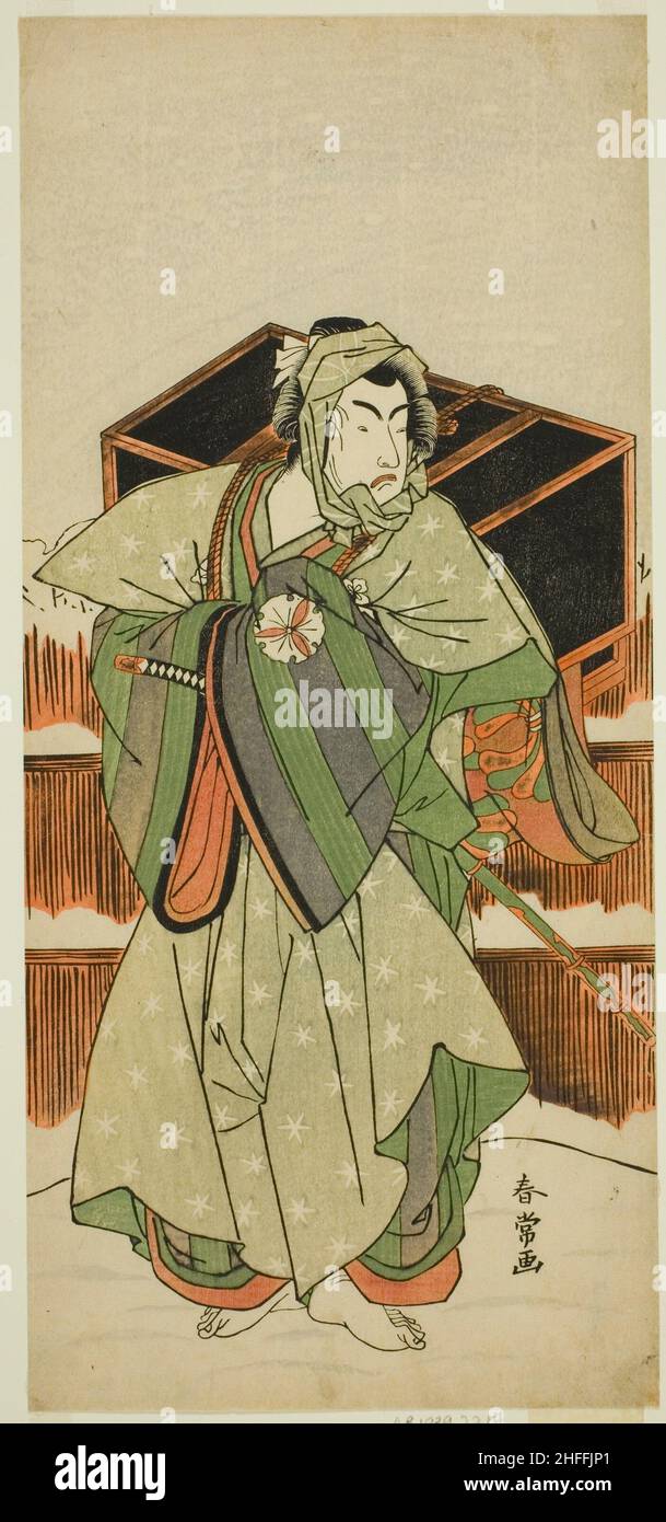 The Actor Matsumoto Koshiro IV as Ise no Saburo Disguised as Mizoro no Sabu in the Play Mure Takamatsu Yuki no Shirahata, Performed at the Ichimura Theater in the Eleventh Month, 1780, c. 1780. Stock Photo