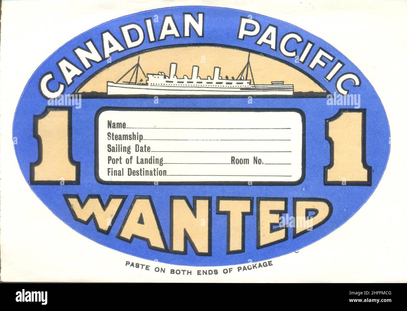 First class luggage label for Canadian Pacific 1934 Stock Photo
