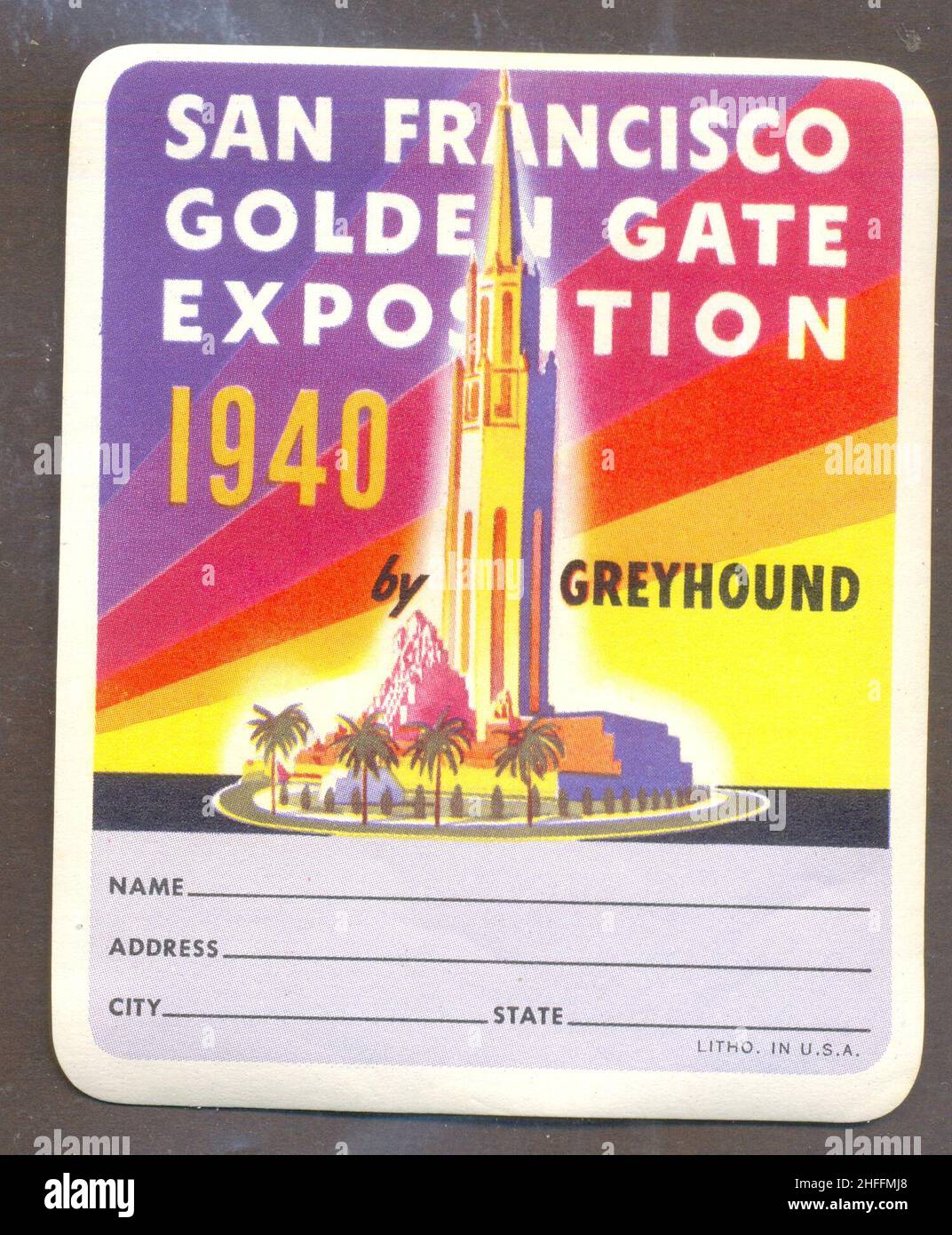 Luggage label for Greyhound bus travel advertising San Francisco Golden Gate Exposition 1940 Stock Photo