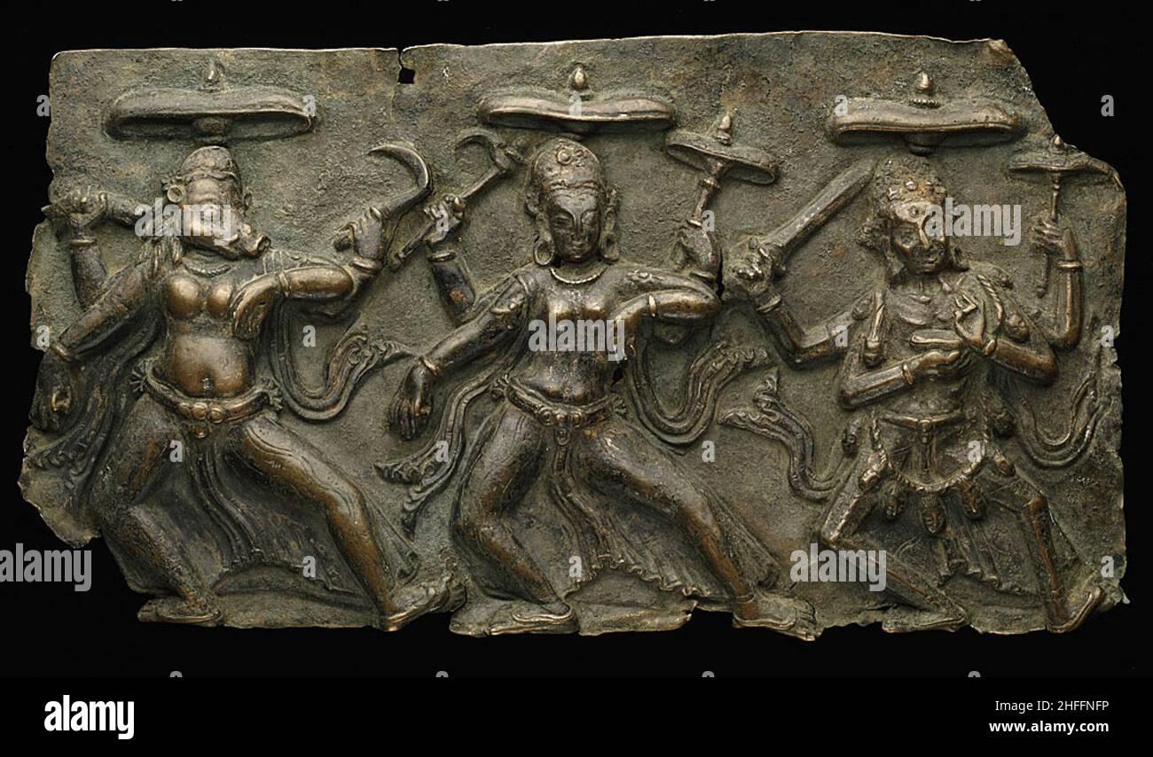 Fragment of Mother Goddesses (Matrika) Panel with Varahi, Kaumari, and Chamunda, 10th/11th century. Stock Photo