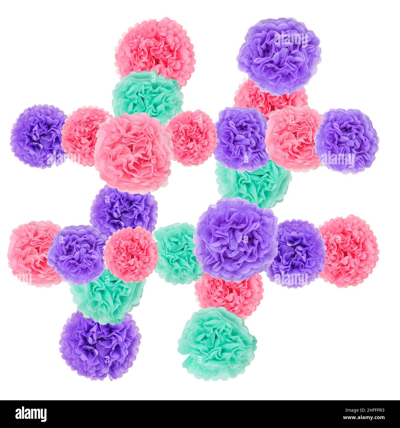 Hashtag symbol or hash tag collage from pastel paper flowers isolated on white. Apps, social media concept. Stock Photo