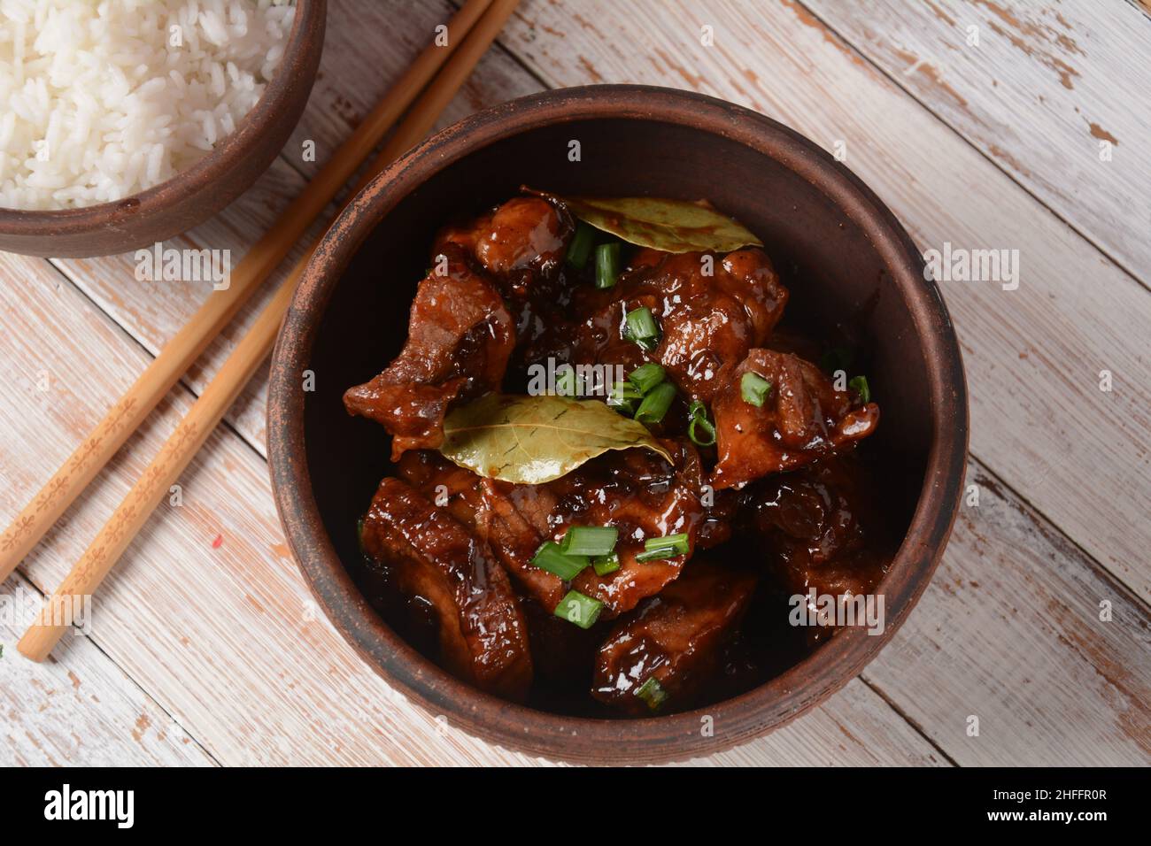 Homemade Filipino Adobo Pork with White Rice. Closeup shot of Filipino