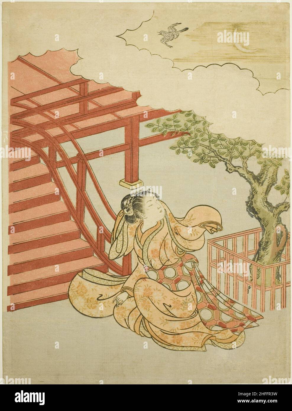 The Call of the Cuckoo from above the Clouds (parody of Minamoto no Yorimasa), c. 1766. Stock Photo
