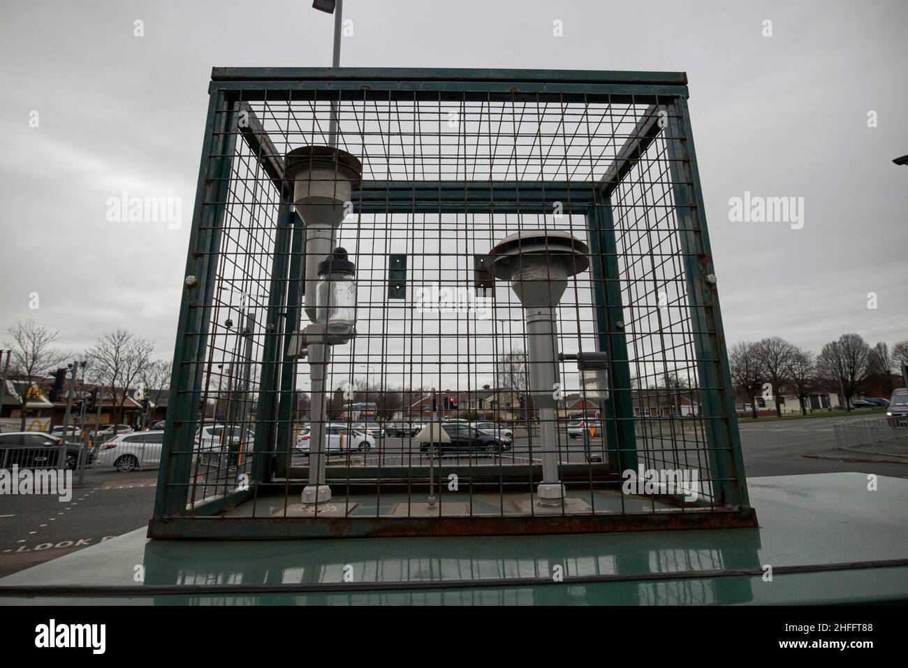 air pollution monitoring station on a busy road intersection in kirkby Liverpool England UK