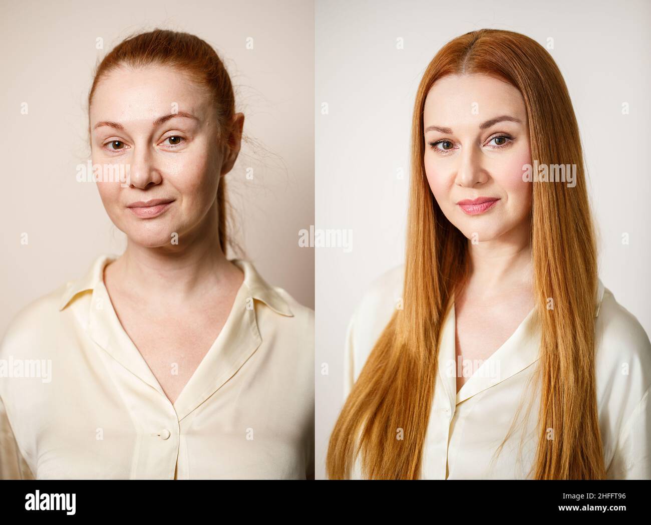 Woman before and after makeup. . The concept of transformation, beauty after applying makeup with a makeup artist. Result without retouching Stock Photo