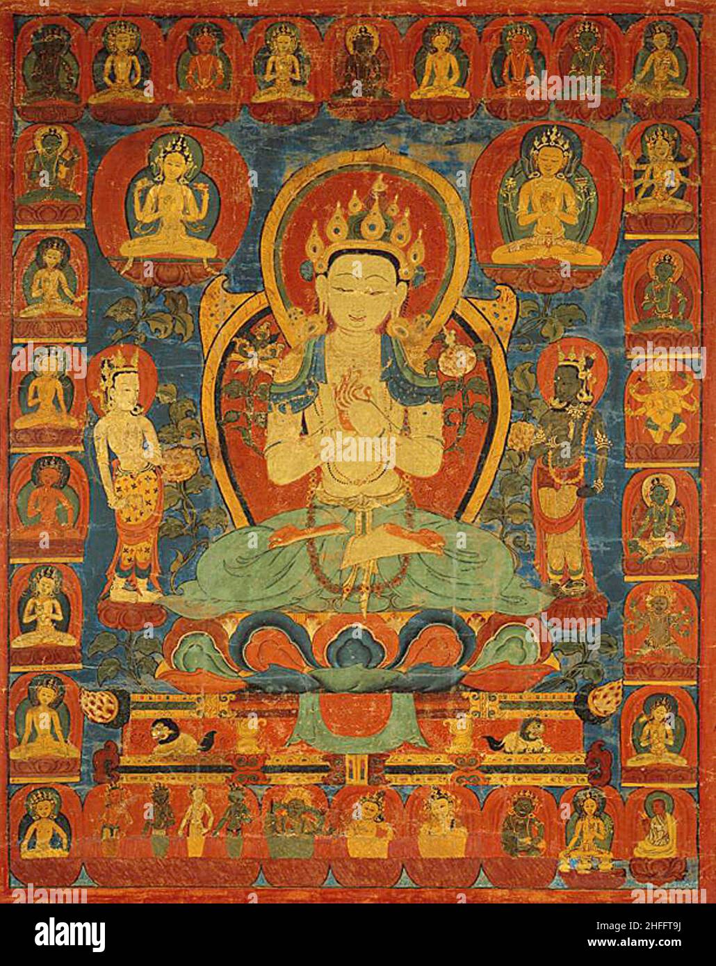 Painted Banner (Thangka) of Bodhisattva Maitreya Surrounded by his Retinue, 16th century. Stock Photo