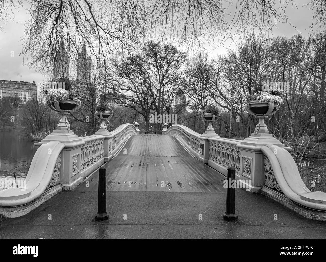 Bow bridge, Central Park, New York City after rain storm Stock Photo