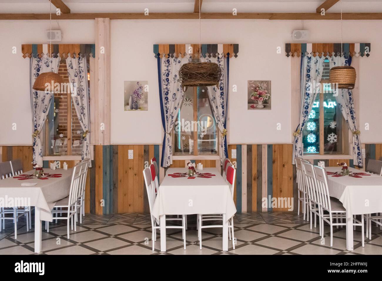 Cozy traditional restaurant interior in rural country design style. Stock Photo