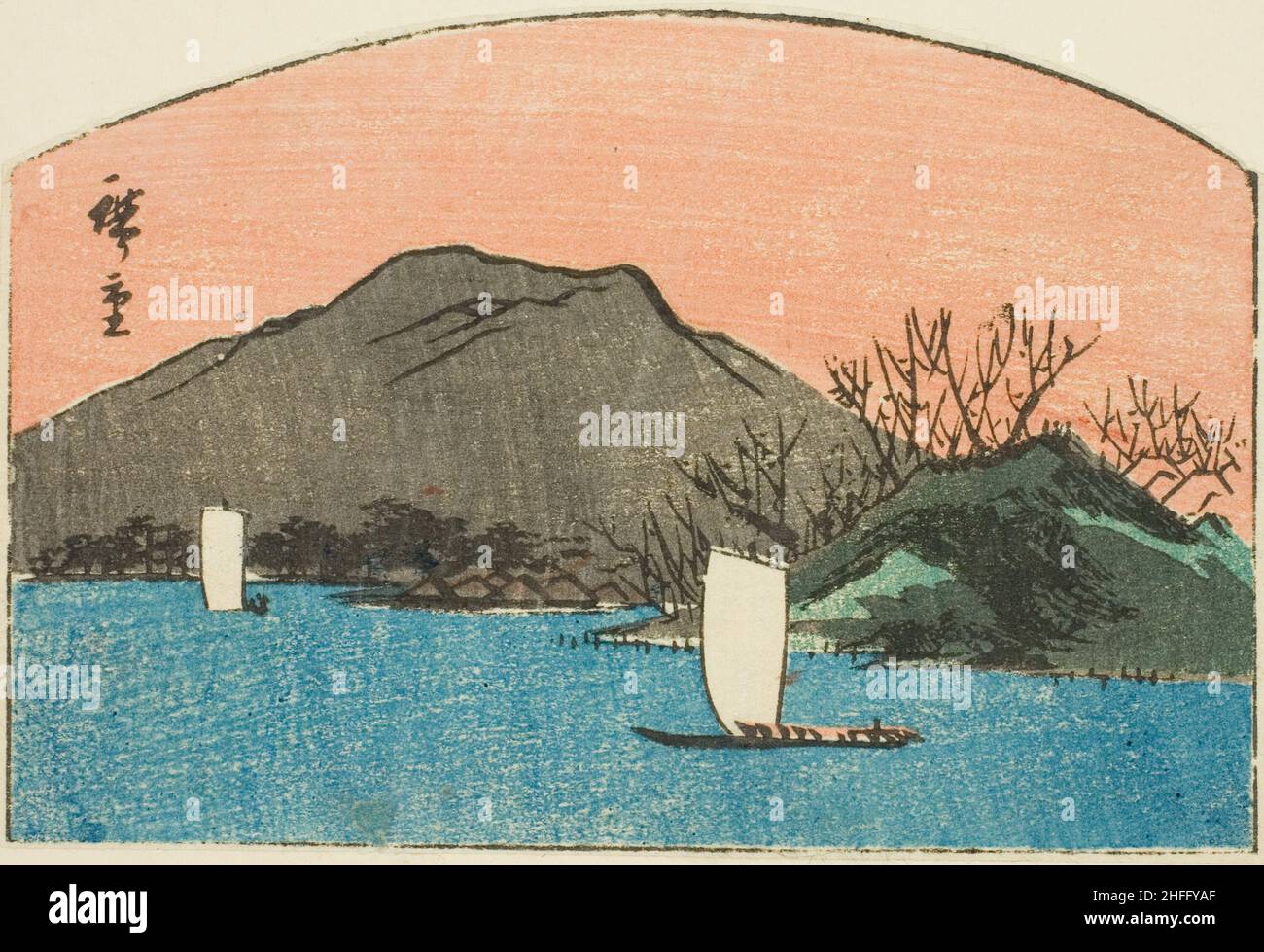 Boats on lake, section of an untitled harimaze print, c. 1850. Stock Photo