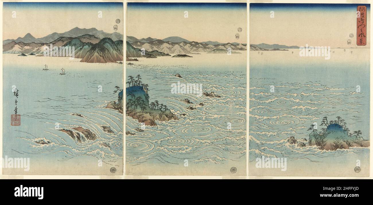 The Whirlpools in Naruto Strait, Awa Province (Awa Naruto no fukei), 1857. Stock Photo