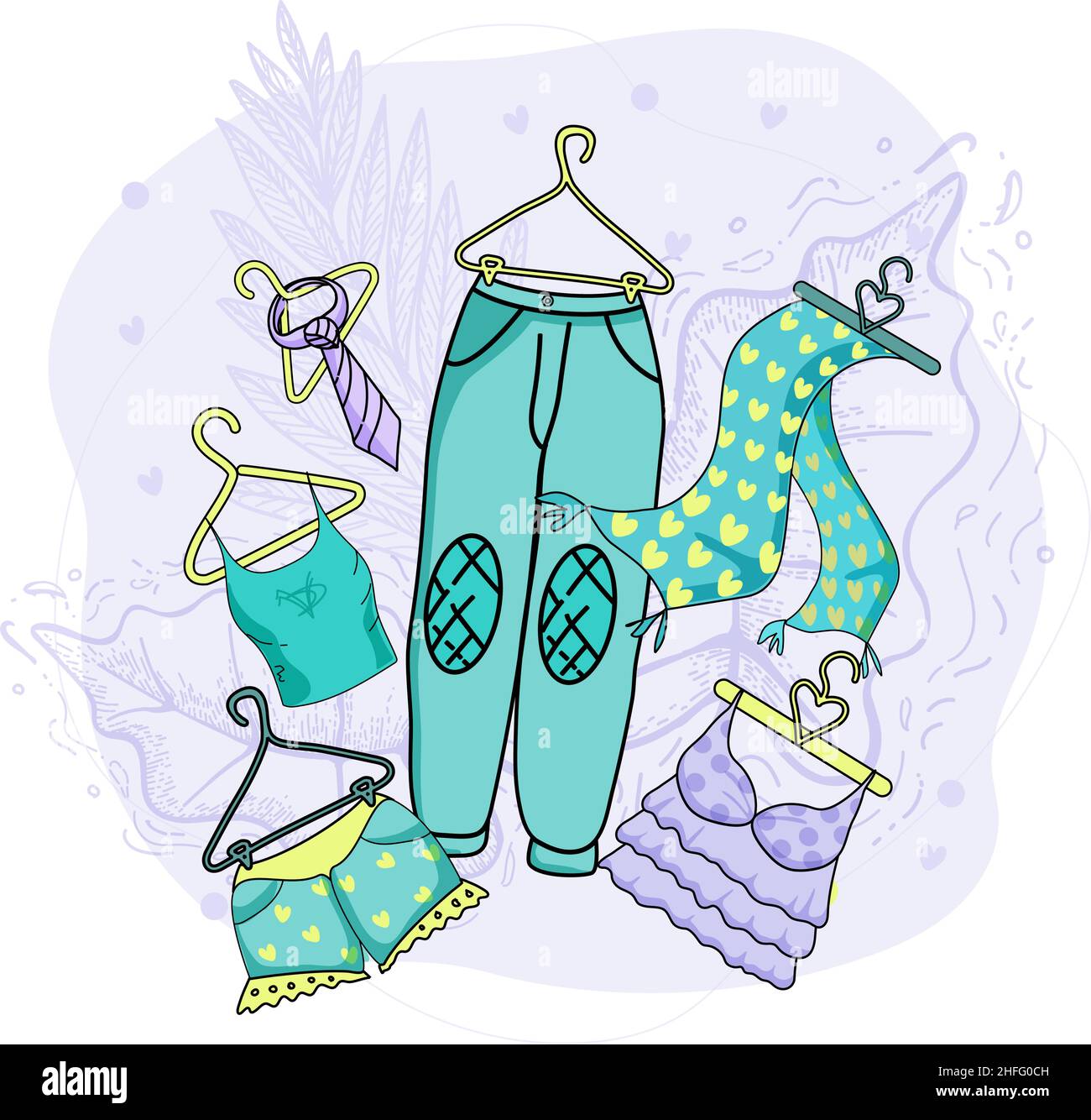 Men's and woman's clothes on hangers, vector illustration Stock Vector