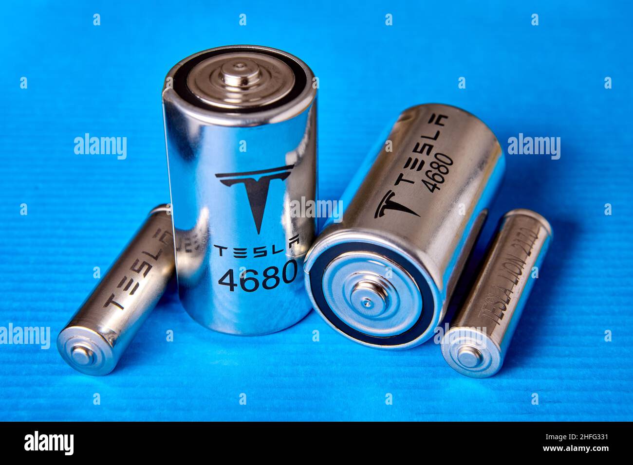 Tesla 2170 and 4680 battery cell comparison, St. Petersburg, Russia,  January 7, 2022 Stock Photo - Alamy