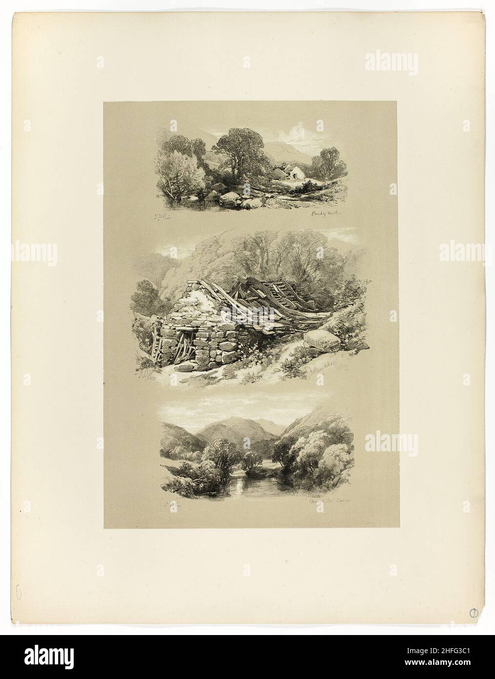 Pandy Mill, Church Pool, and one other subject, from Picturesque Selections, c. 1860. Stock Photo