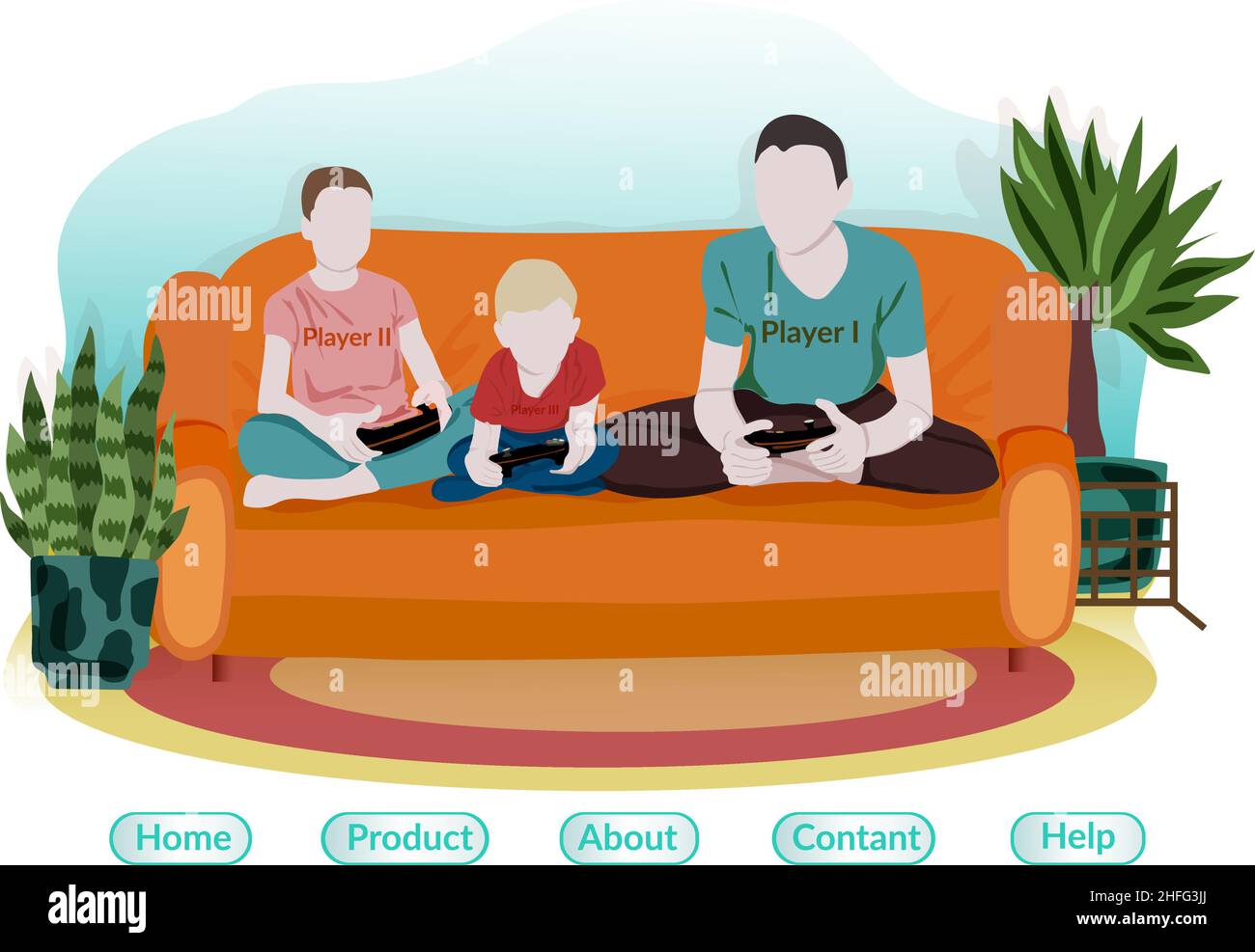 Video entertainment vector flat illustration. Father and kids on the couch. Father's Day. Hobby. Happy family having fun playing video games. Concept Stock Vector