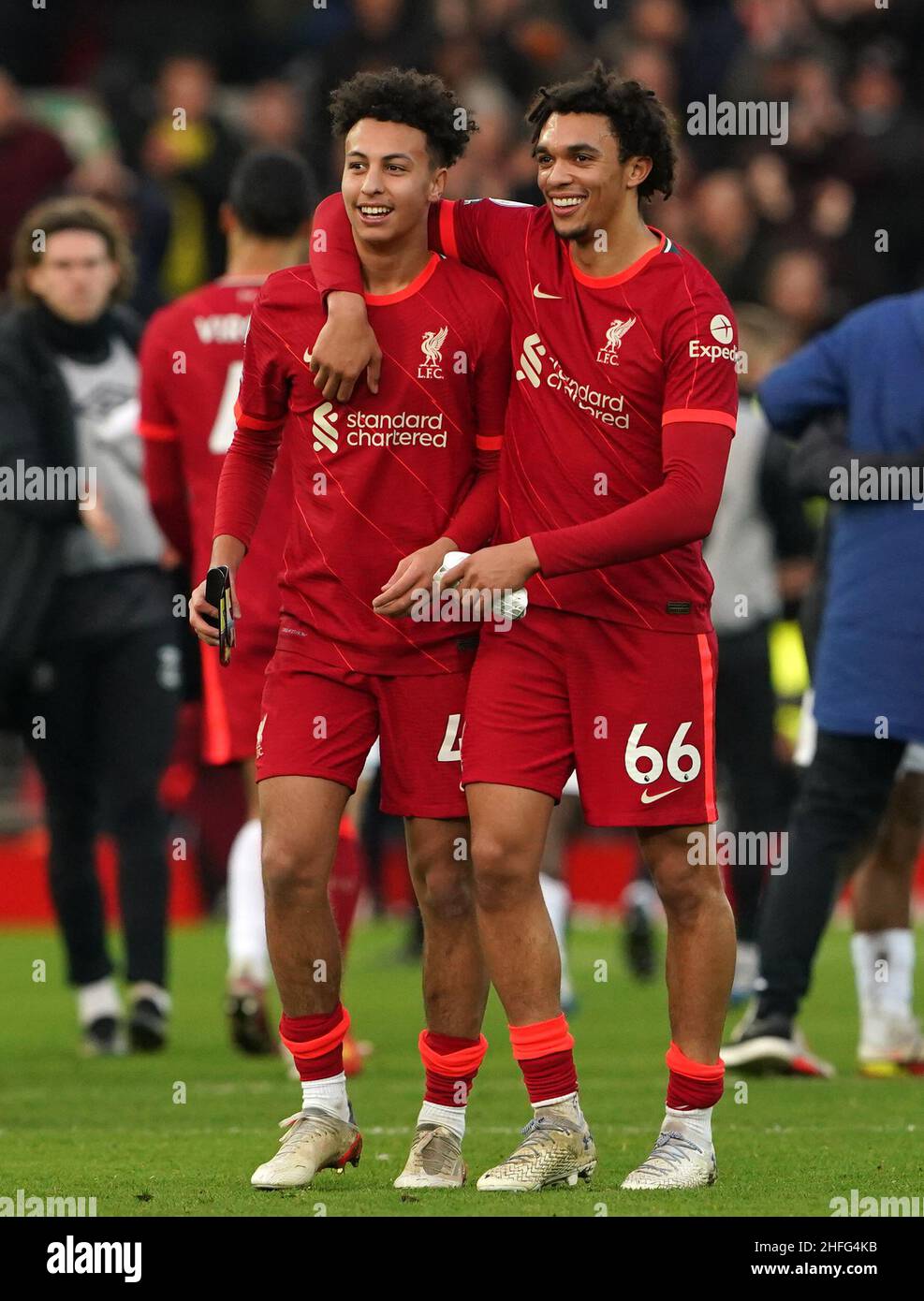 Liverpool's Kaide Gordon and Trent Alexander-Arnold (left) celebrate after the Premier League match at Anfield, Liverpool. Picture date: Sunday January 16, 2022. Stock Photo