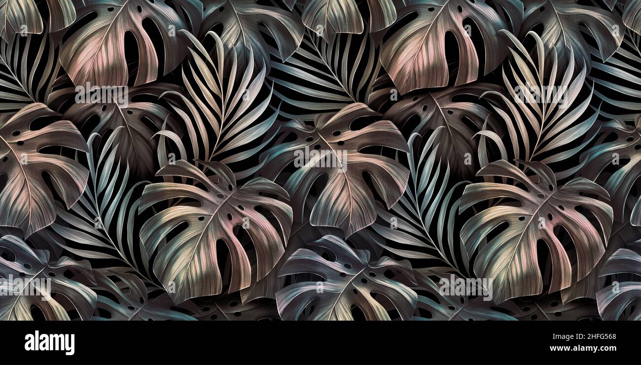 Tropical seamless pattern with monstera, palm leaves on dark background ...