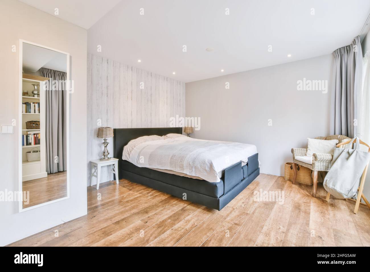 Interior of a cozy and bright bedroom with beautiful decoration Stock ...