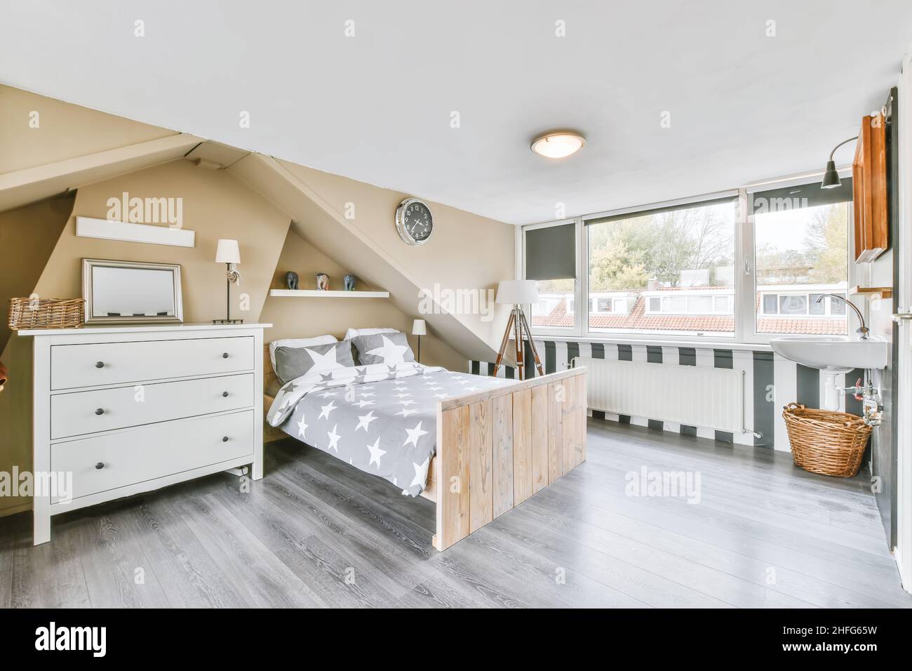 Interior of a cozy and bright bedroom with beautiful decoration Stock ...