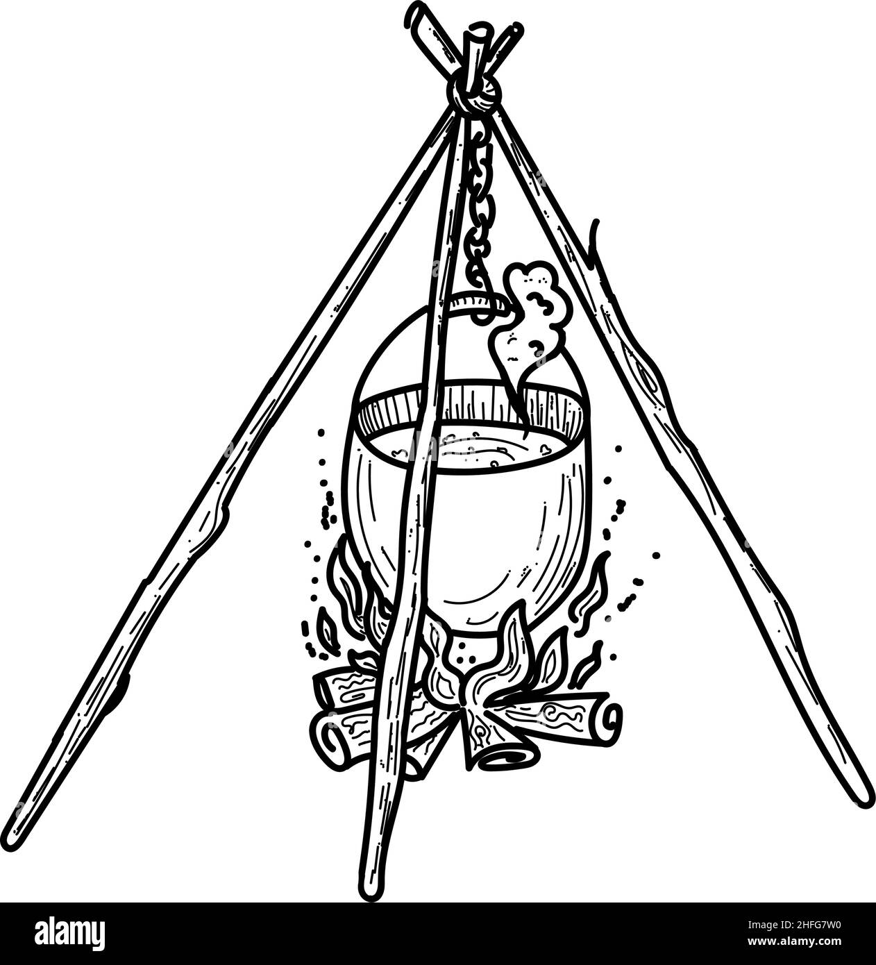 Doodle-style hanging bowler, hand-drawn. Illustration for local tourism. Cauldron with food for campers. Campfire with firewood. Camping or camping it Stock Vector