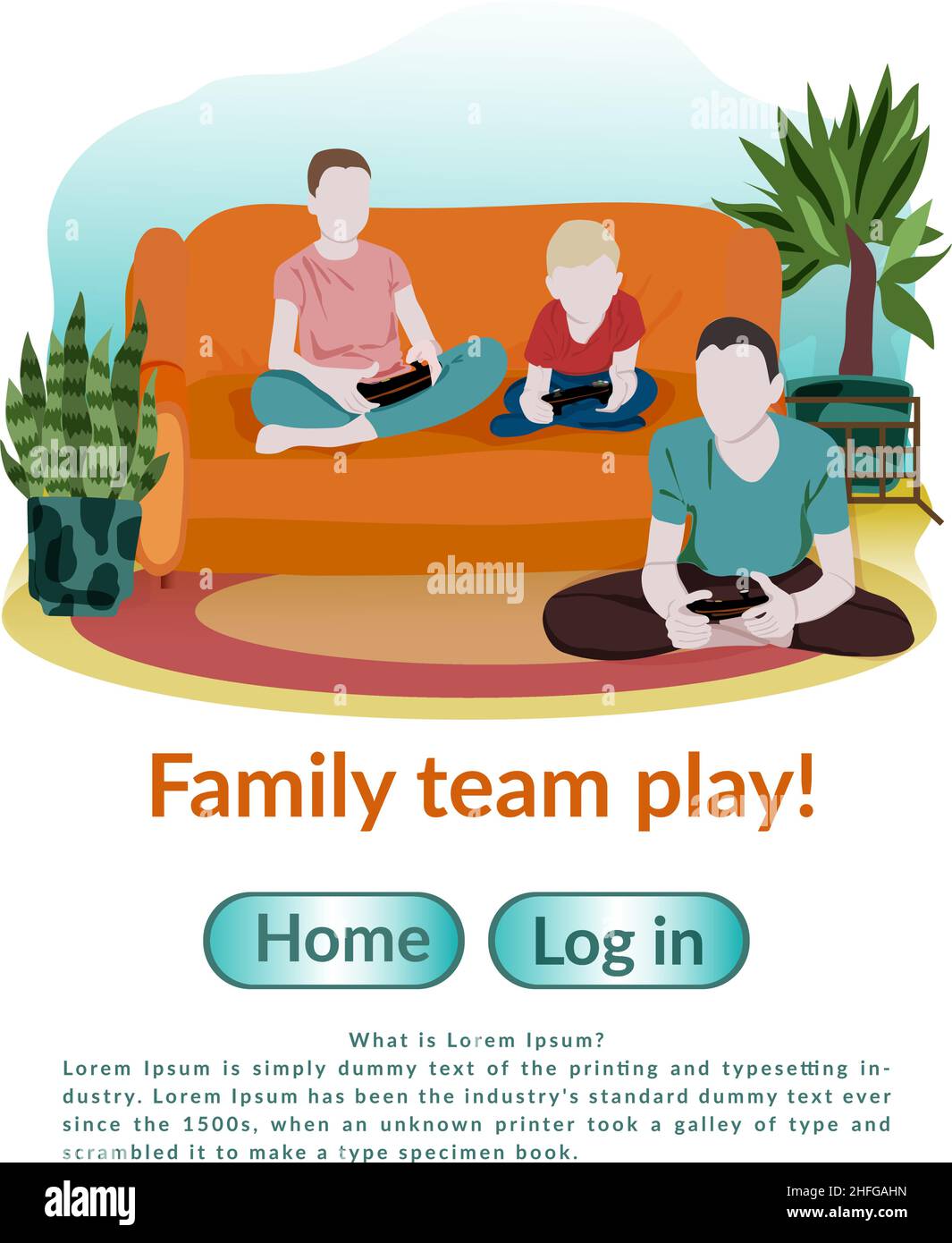 Electronic entertainment vector flat illustration. Father and kids on the couch. Father's Day. Happy family having fun playing video games. Concept of Stock Vector