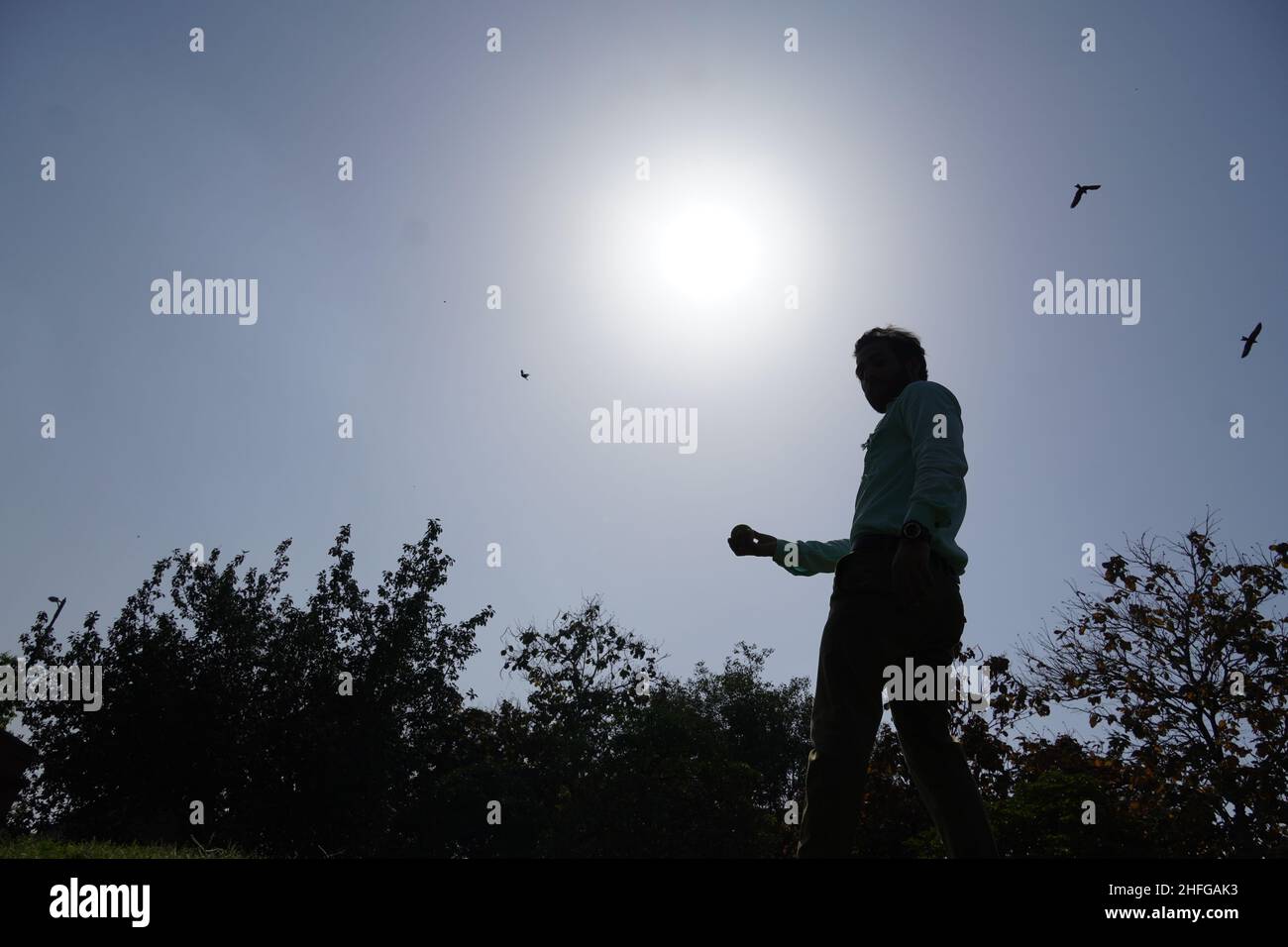Indian man in action of catching ball in cricket match Stock Photo