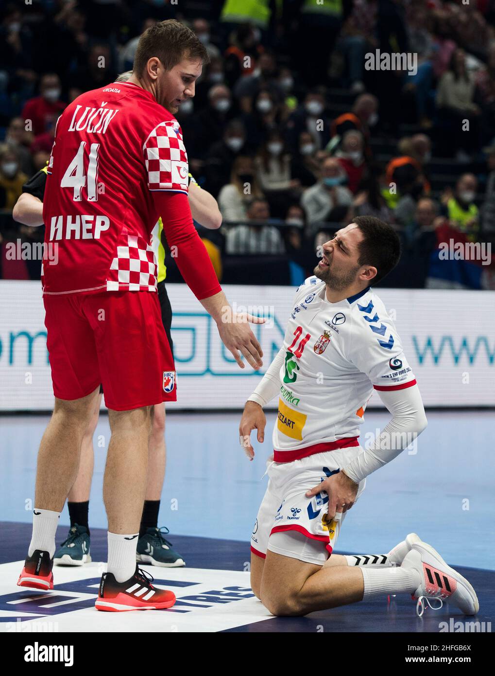 Szeged, Hungary, 15th January 2022. Lazar Kukic of Serbia goes down