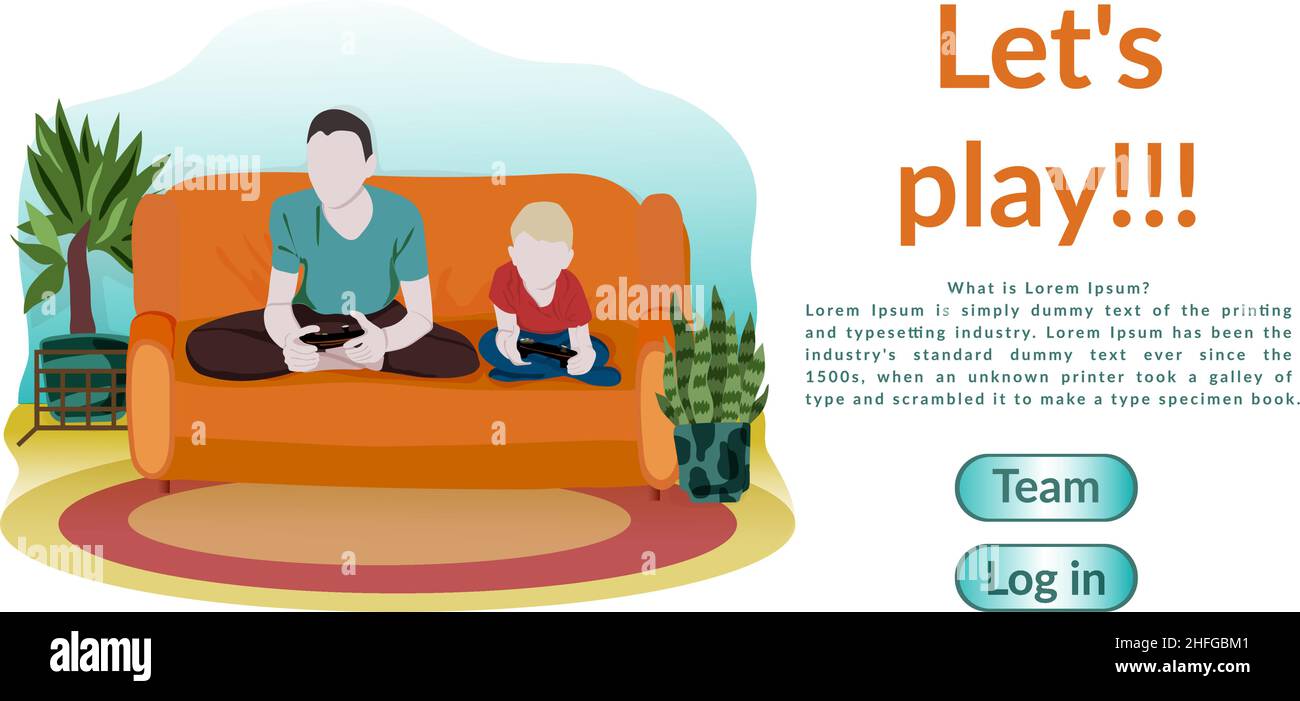 WebMockup of the landing page. Dad and kid are spending time together, playing video games. Friends playing an online battle game. Brothers holding jo Stock Vector