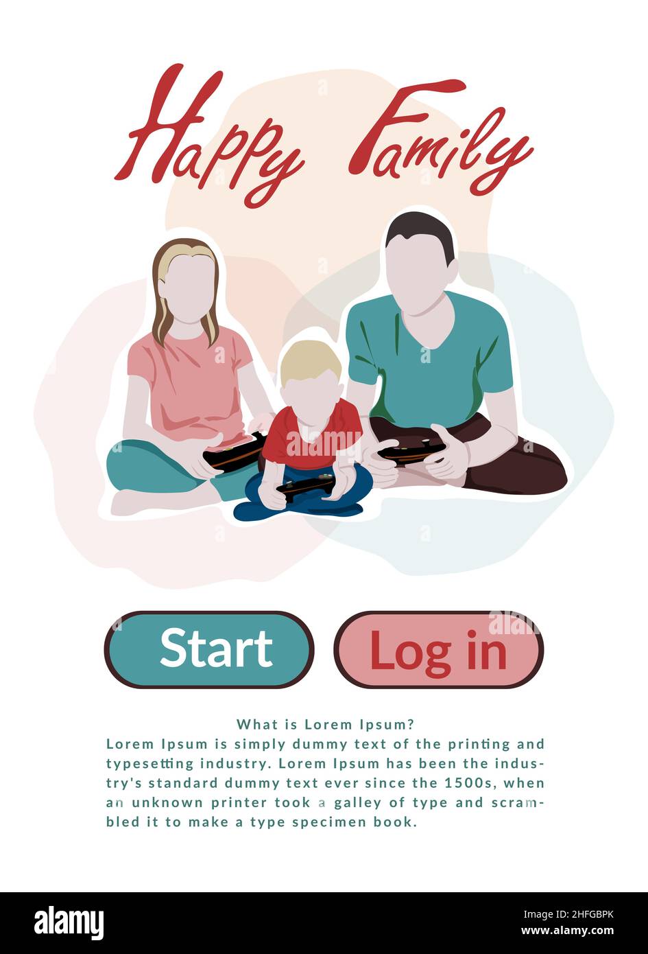 Video entertainment cute vector flat illustration. Father and kids. Happy family. Father's Day. Family having fun playing video games together. Concep Stock Vector
