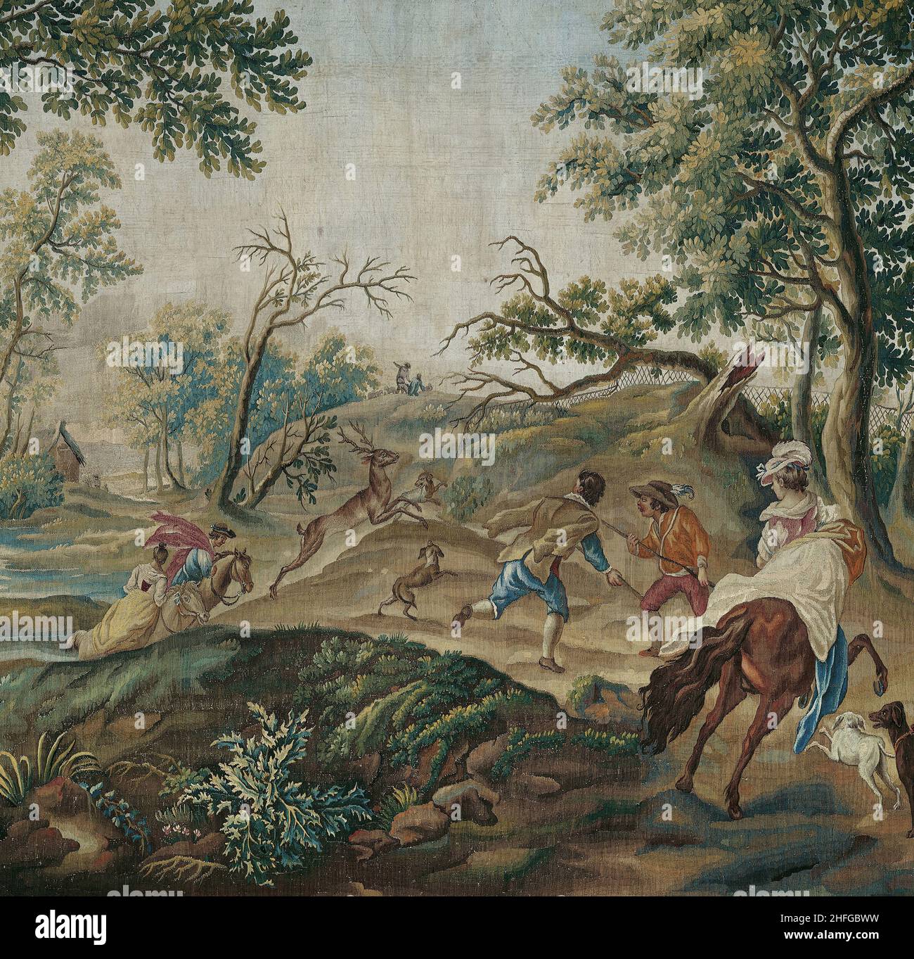 The Stag Hunt, from Pastoral Hunting Scenes, Aubusson, c. 1775. Presumably woven at the workshop of L&#xe9;onard Roby, France, after an engraving by Jacques Philippe Lebas after Philips Wouwerman. Detail from a larger artwork. Stock Photo
